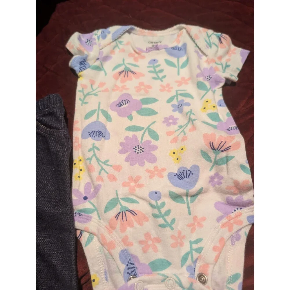 Carters Baby Outfit Set 3M Floral Bodysuit & Denim Pants - Free Shipping